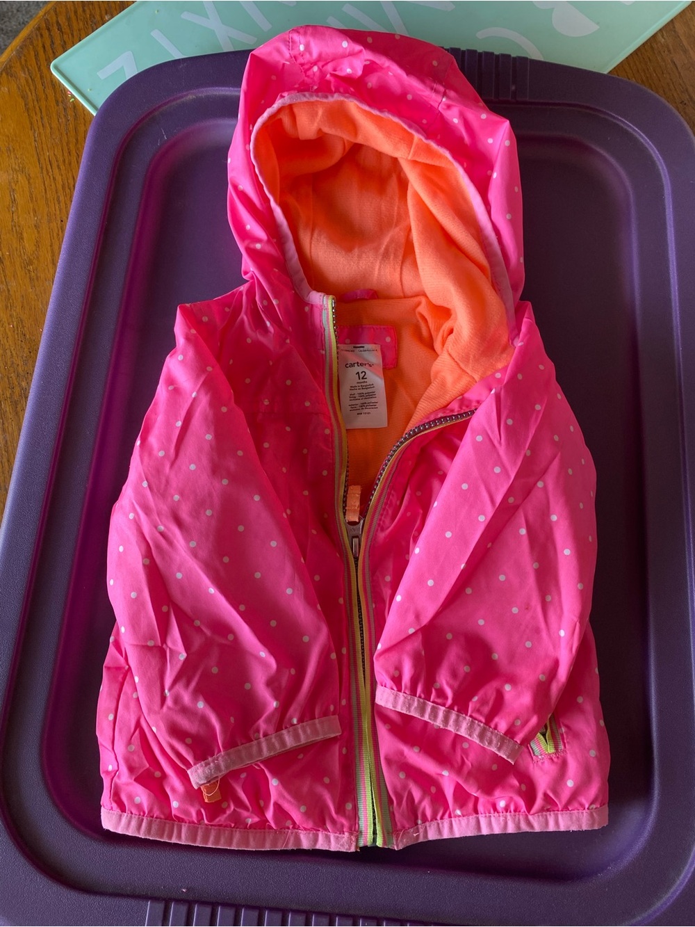 Carter's Hot Pink Polka Dot Hooded Jacket with Orange Lining